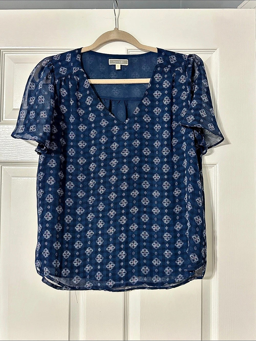 Pleione Printed Short Sleeve Blouse in Blue